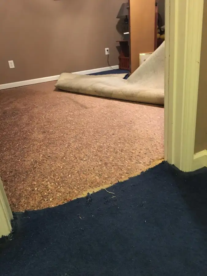 Carpet pad removal revealing water damage during Water Mitigation Services in Independent Hill